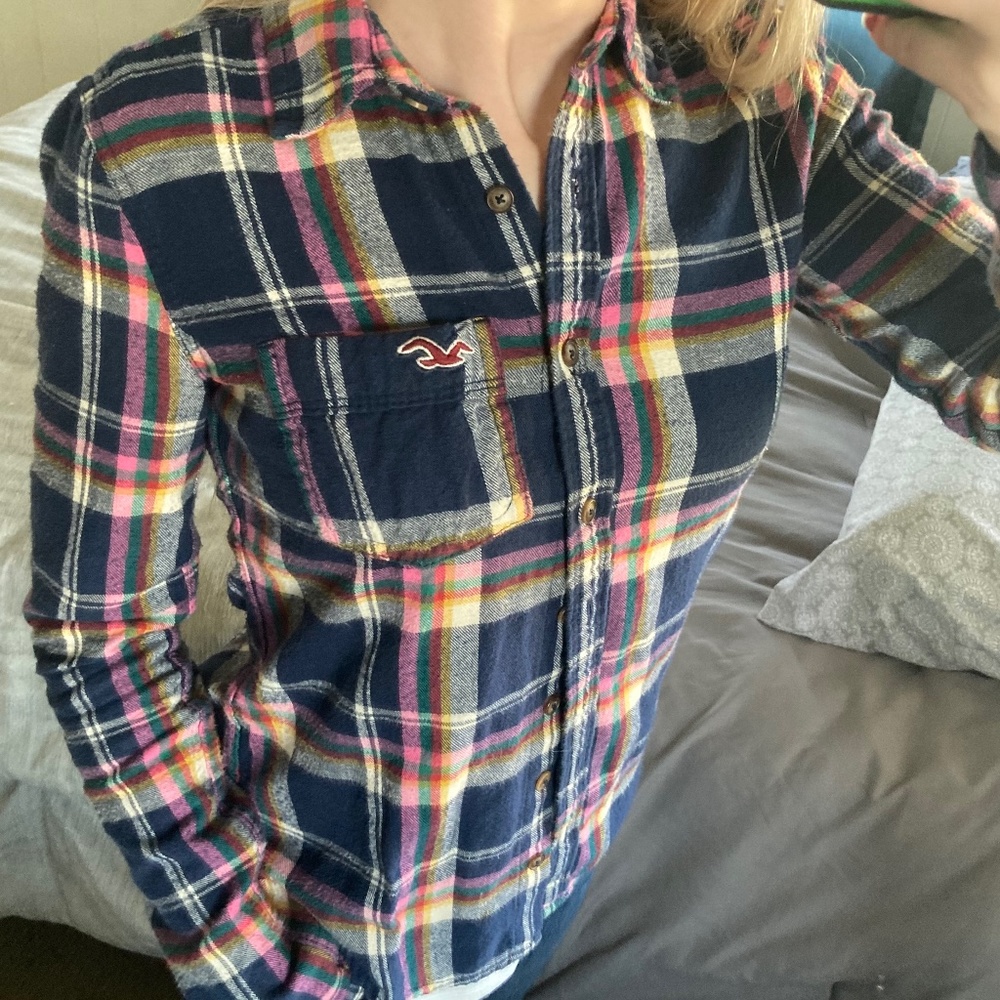 Hollister Navy Blue Long Sleeve Flannel Top Sz XS - Picture 7 of 9